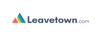 Logo of Leavetown.com featuring a stylized mountain with colorful layers in orange, yellow, green, and blue to the left of the website name in blue text.