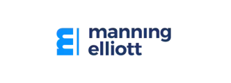 Logo of Manning Elliott featuring a stylized "E" in blue on the left and the name "manning elliott" in lowercase, blue letters on the right.