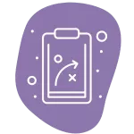 Illustration of a clipboard with a strategy diagram featuring arrows, circles, and an 'X'. It is set against a purple, irregularly shaped background with small dots scattered around.