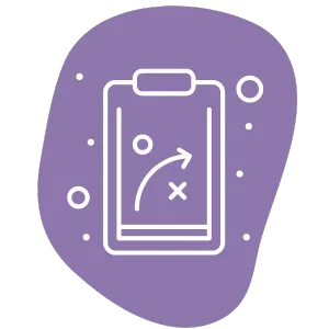 Illustration of a clipboard with a strategy diagram featuring arrows, circles, and an 'X'. It is set against a purple, irregularly shaped background with small dots scattered around.