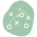 A green blob shape with white game strategy symbols featuring circles, crosses, and arrows depicting a plan or tactic.