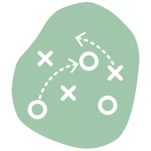 A green blob shape with white game strategy symbols featuring circles, crosses, and arrows depicting a plan or tactic.