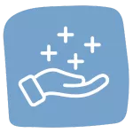 A white outline of an open hand facing upward with sparkling stars above it on a blue background.