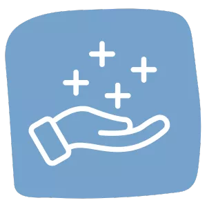 A white outline of an open hand facing upward with sparkling stars above it on a blue background.