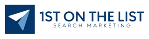Logo of "1st on the List Search Marketing" featuring a stylized paper plane icon in a blue square on the left, followed by the company name in blue text.
