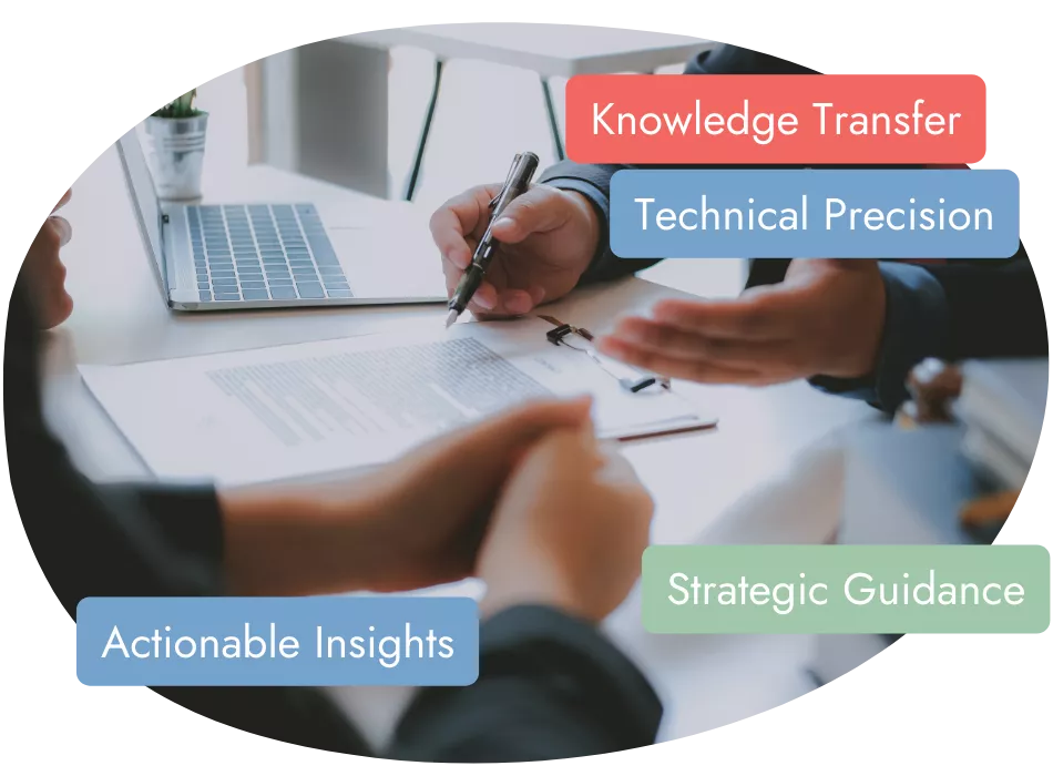 Two people discussing documents at a desk with a laptop. Speech bubbles highlight "Knowledge Transfer," "Technical Precision," "Strategic Guidance," and "Actionable Insights," indicating a focus on detailed and strategic communication.