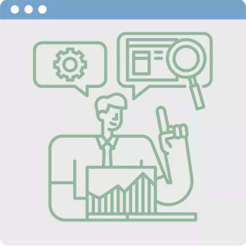 Illustration of a person interacting with digital elements: a graph, a magnifying glass, and a gear icon, symbolizing data analysis and technology. The person is depicted in a line art style, and the overall theme suggests business analytics.