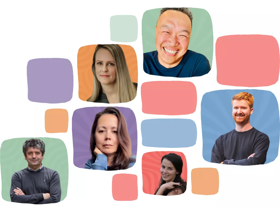 Collage of six people smiling, each in separate colorful frames against a white background. The frames vary in size and are in shades of pink, purple, orange, and green.