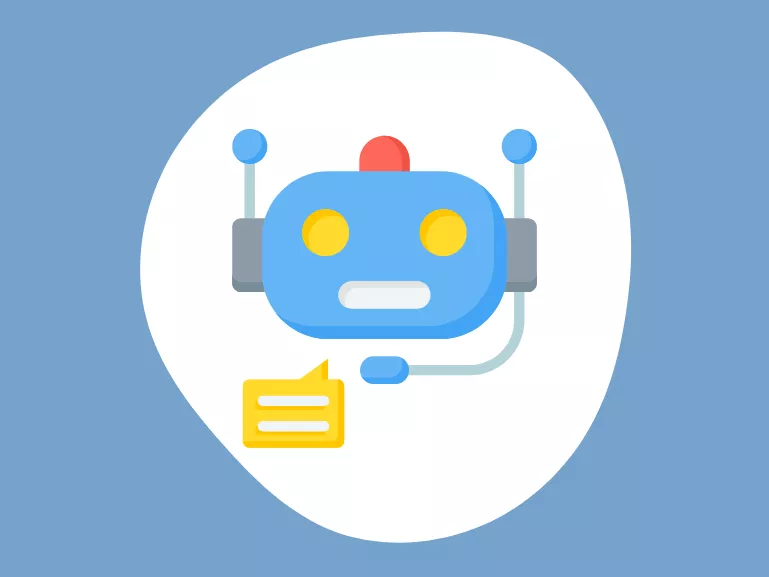 Cartoon-style blue robot face with yellow eyes and a red antenna, shown on a white abstract shape with a light blue background. A yellow chat bubble appears near its mouth, suggesting communication.