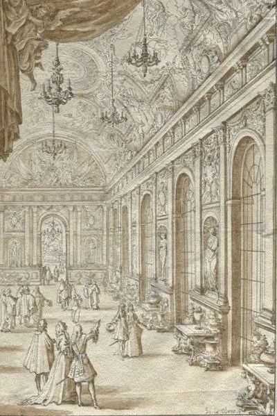 La Galerie des Glaces et ses courtisans, à la fin du XVII e siècle.© Dessin de Sébastien Le Clerc - RMN-GP (château de Versailles) - Gérard Blot