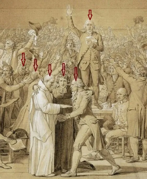 Sur le Serment de David, autour de Bailly, président de l’Assemblée nationale : le D r Guillotin, Biauzat, le Riomois Dom Gerle, l’abbé Grégoire et le pasteur Rabaut Saint-Étienne (de g. à d.). Esquisse, 1791, Musée national du château de Versailles - © Photo RMN / Grand Palais