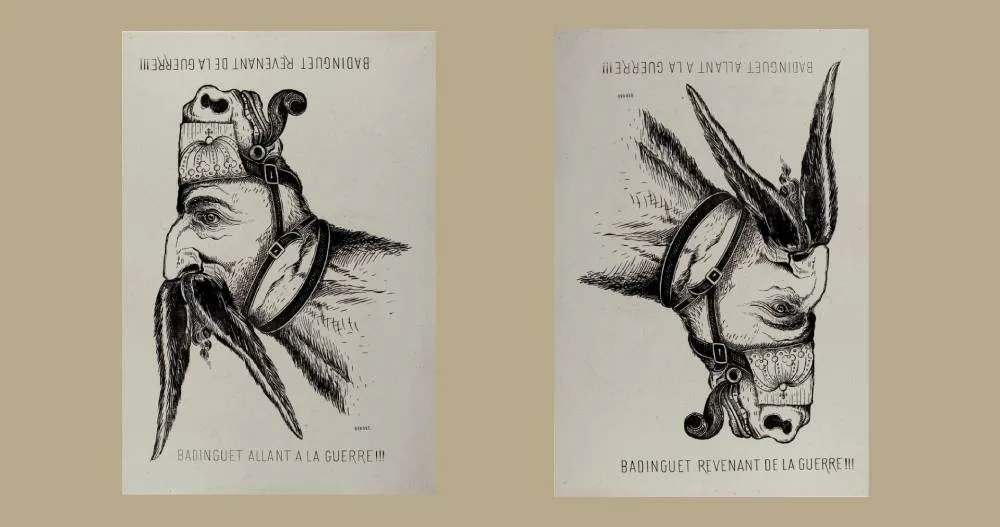 À l’endroit, « Badinguet » part en guerre (de 1870)...À l’envers, il en sort vaincu et bête comme un âne !Caricature, v. 1872 - © Bibliothèque universitaire de Heidelberg
