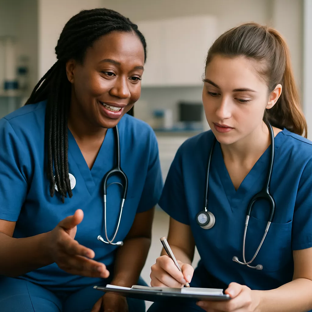 A nurse practitioner mentoring a student in a clinical setting, showcasing interaction and learning