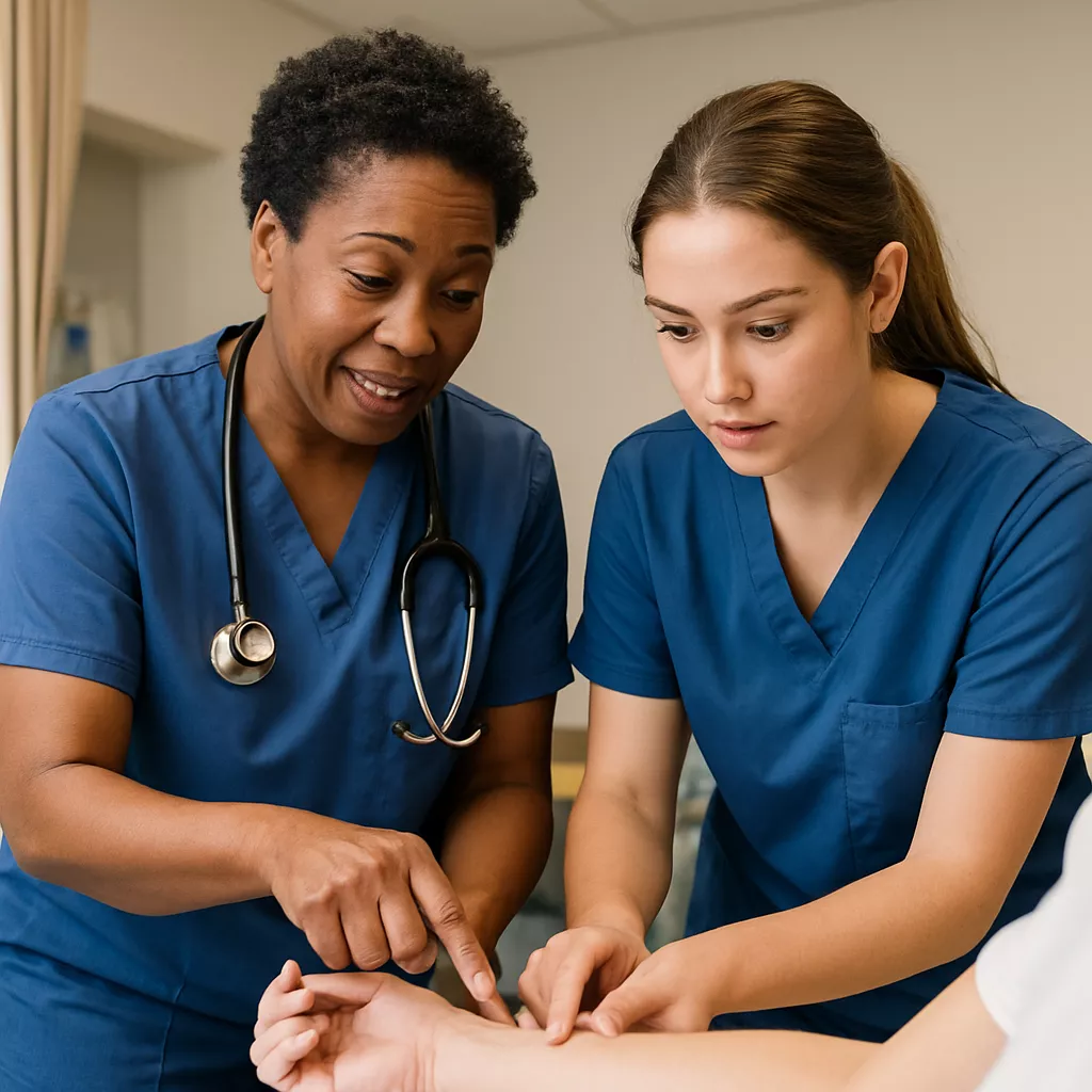 A nurse practitioner mentoring a student in a clinical setting, showcasing hands-on training and interaction