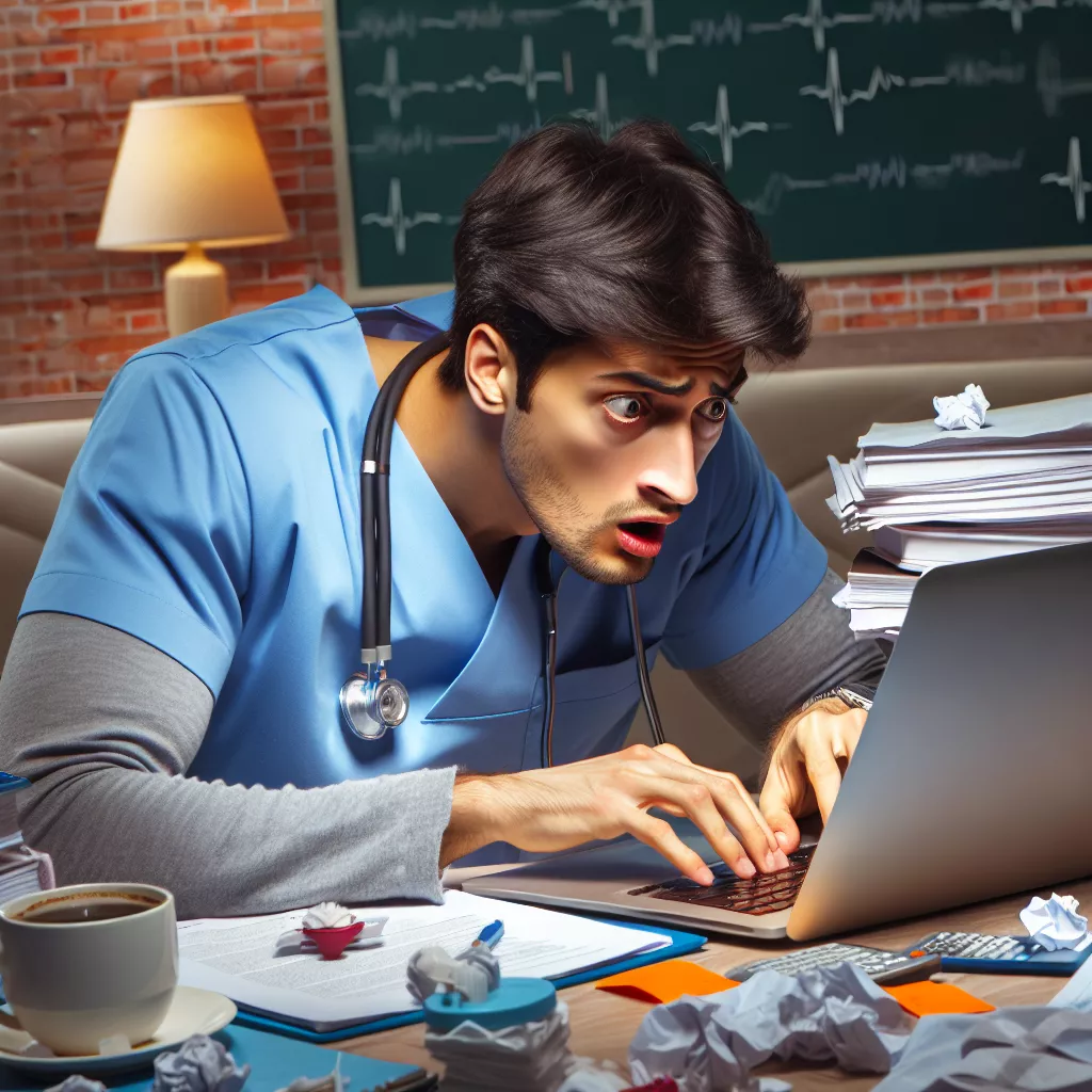 A nurse practitioner student nervously preparing an email on their laptop, surrounded by study materials and coffee