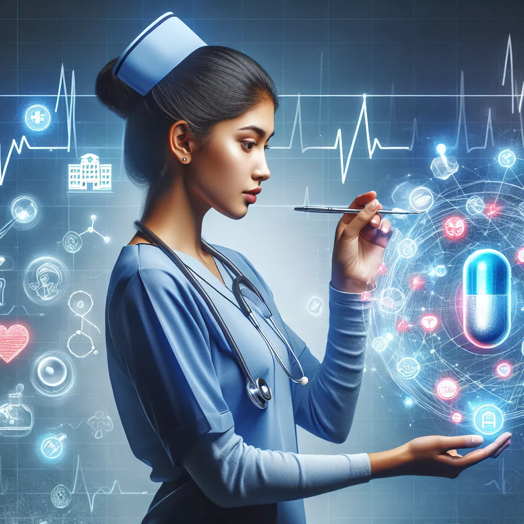 A nurse practitioner student looking at a map with various healthcare icons around them symbolizing networking and mentorship