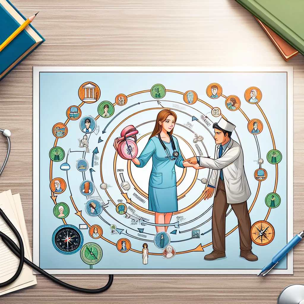 Illustration depicting a nurse practitioner interacting with a doctor, surrounded by circular pathways representing healthcare connections and education, emphasizing clinical mentorship in the nurse practitioner preceptorship context.