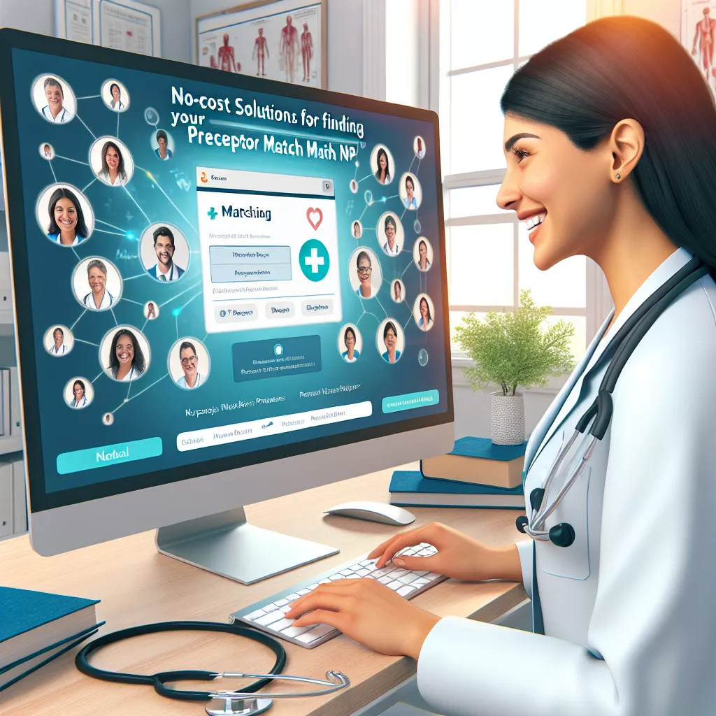 Woman in white coat using a computer to explore no-cost solutions for finding preceptor matches, with a display showing healthcare professionals and a matching interface.