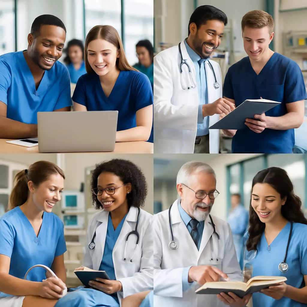 Group of nurse practitioners collaborating and engaging with clinical materials, emphasizing teamwork and education in healthcare settings.