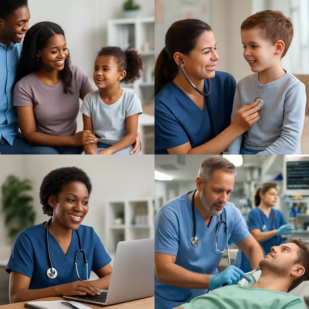 Family interaction with healthcare professionals, nurse practitioner examining child, healthcare provider assisting patient, and nurse using laptop in clinical setting.
