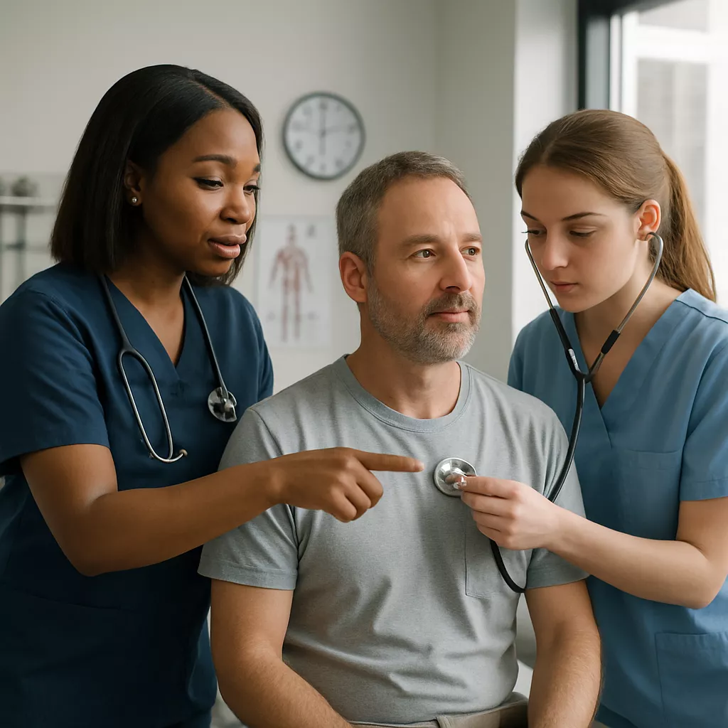 Nurse practitioners demonstrating clinical skills with a patient, using a stethoscope in a healthcare setting, highlighting the role of clinical preceptors in NP education.