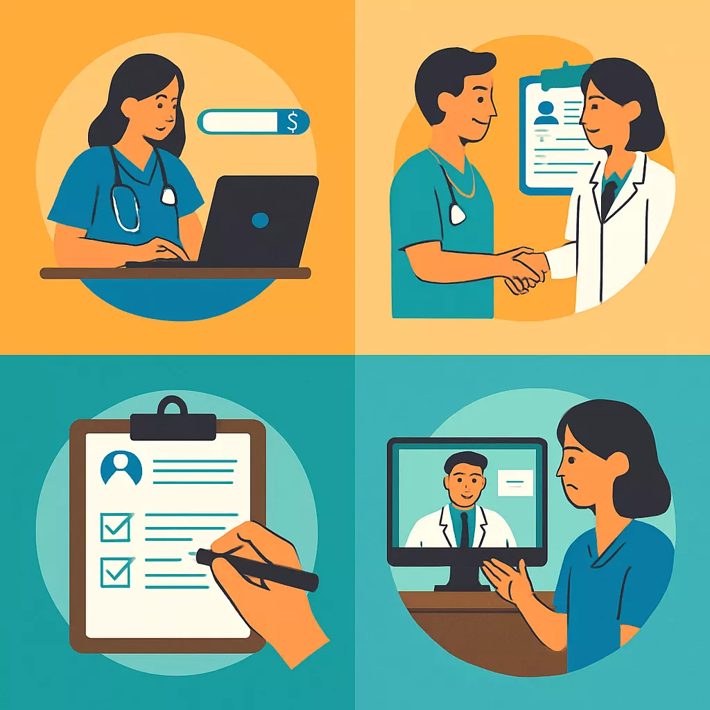 Illustration depicting Nurse Practitioner journey: student on laptop, preceptor handshake, checklist for clinical preparation, and virtual consultation with a doctor.