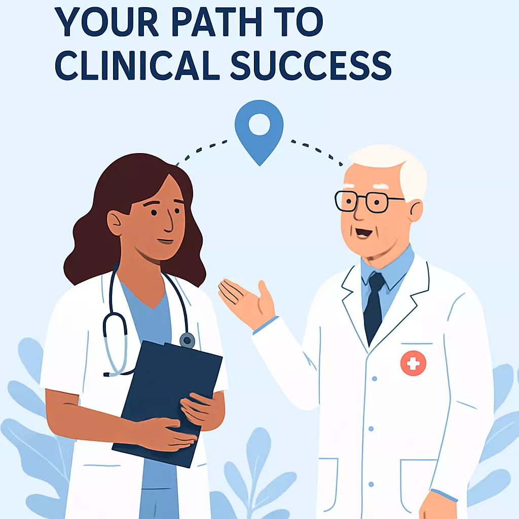 Healthcare professionals discussing clinical success, featuring a nurse with a stethoscope and a doctor in a white coat, with text overlay "YOUR PATH TO CLINICAL SUCCESS."