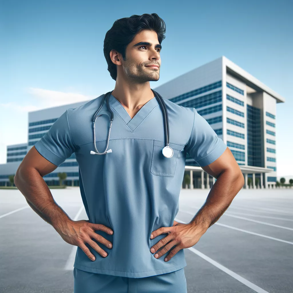 Male nurse in scrubs with a stethoscope, standing confidently outside a modern healthcare building, symbolizing clinical education and preceptorship for Nurse Practitioners.