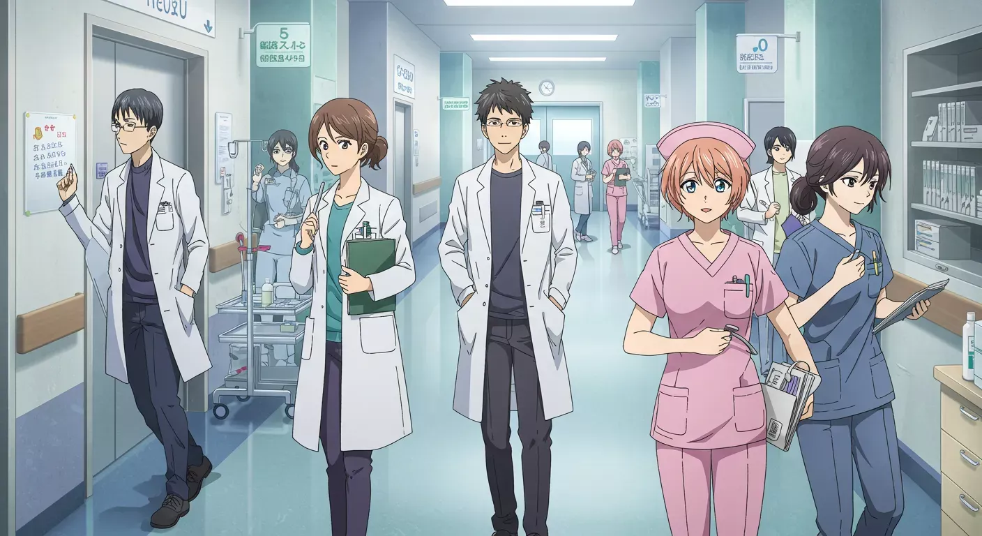 Anime-style illustration of healthcare professionals in a hospital corridor, featuring diverse characters in medical attire, emphasizing teamwork and clinical environments related to finding NP preceptors through Clinical Match Me.