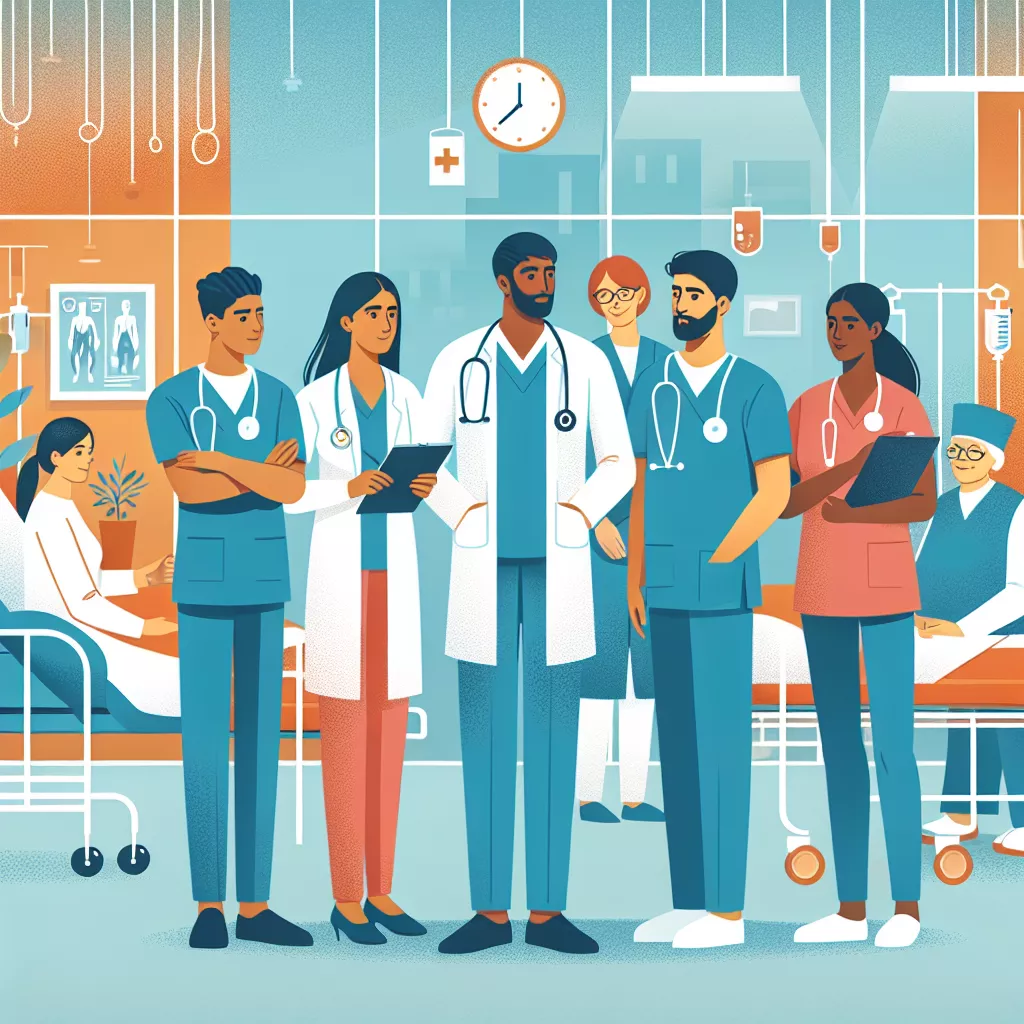 Healthcare professionals in scrubs and lab coats collaborating in a hospital setting, illustrating teamwork and support for Nurse Practitioner students.