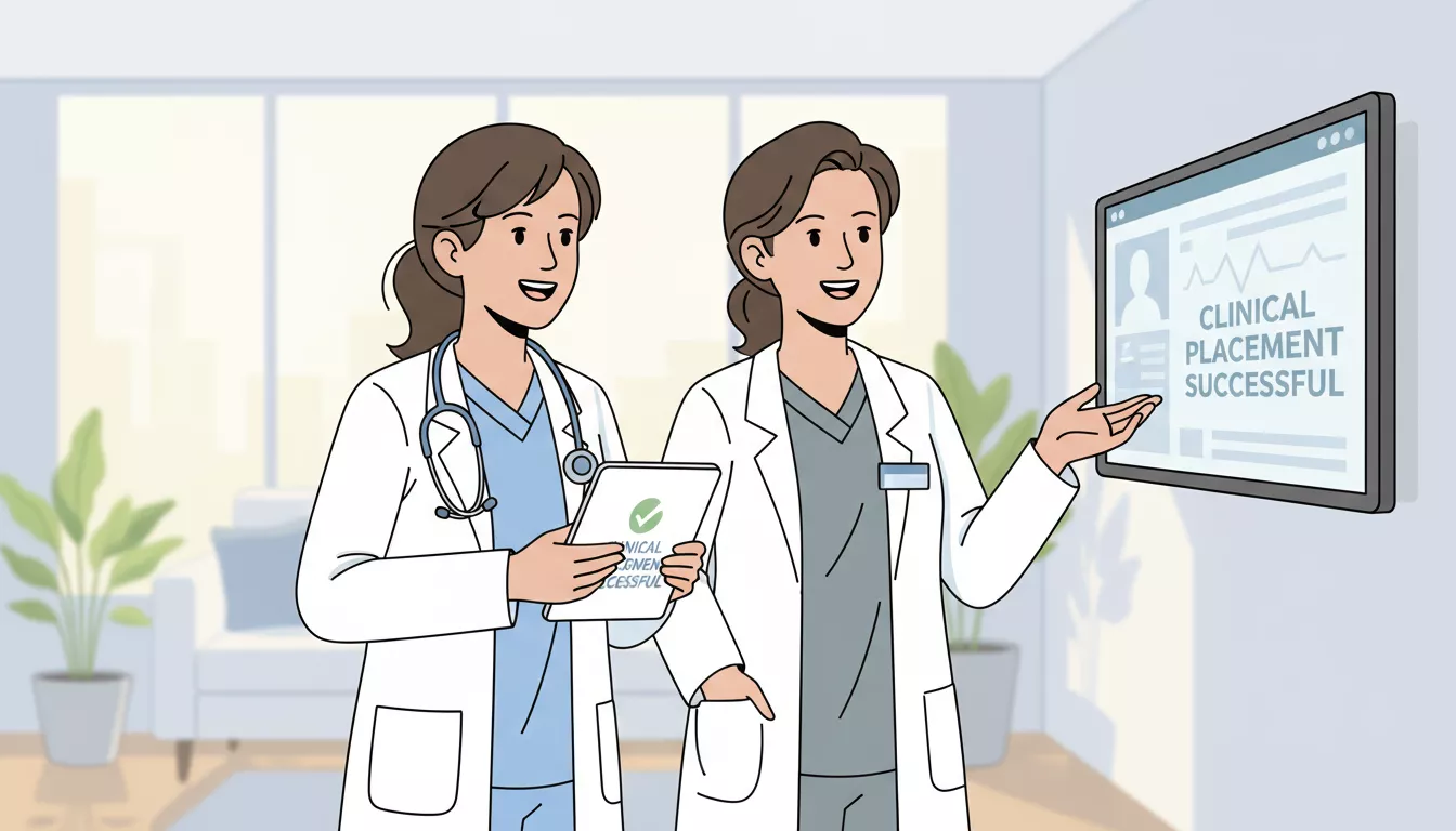 Two Nurse Practitioners in white coats smiling and discussing, holding a tablet displaying "Clinical Placement Successful," in a bright, modern office setting.