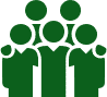 Green icon depicting five stylized human figures standing together, suggesting teamwork or community.