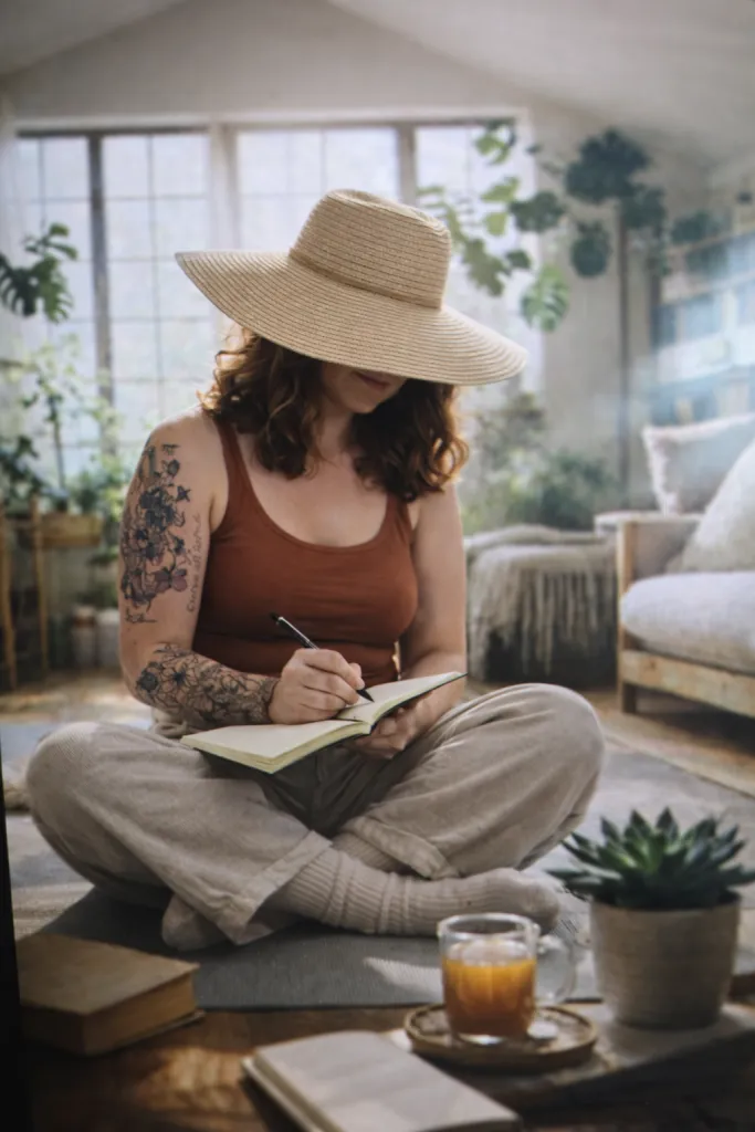 Woman with oversized hat journaling, plants, tea