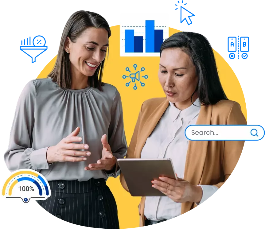 Explore Digital team members reviewing marketing analytics on a tablet, surrounded by digital strategy icons like search, performance metrics, and data charts