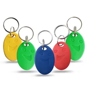 Five access control key fobs, each with a different colorful smiley face in yellow, green, blue, red, and dark green, are displayed against a white background. The product name is 217.