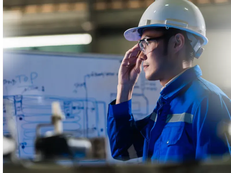 A worker in blue coveralls and a white hard hat, featured in the image titled "Frequently-Asked-Questions.webp," adjusts his glasses while examining a blueprint on a whiteboard in a well-lit industrial setting.