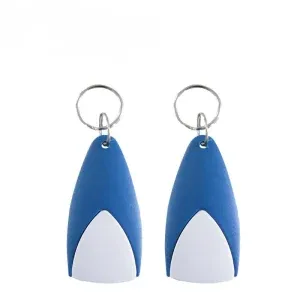 Two RFID keychains named "rfid keychain (1)," Mid kasta oo uu soo bandhigayo calaamad caag ah oo buluug ah oo buluug ah oo ku lifaaqan giraan furaha qalinka.