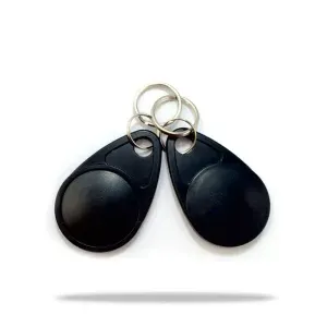 ສອງ rfid keyfobs, Sleek ແລະສີດໍາທີ່ມີແຫວນສໍາຄັນໂລຫະ, ຖືກສະແດງໃຫ້ເຫັນກັບພື້ນຫລັງສີຂາວ pristine.
