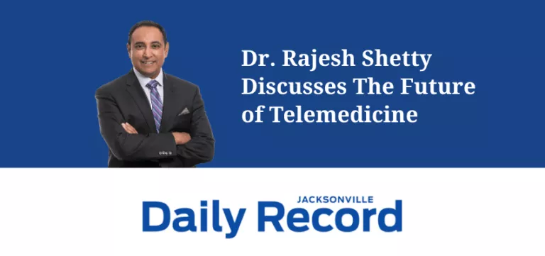 Dr. Rajesh Shetty smiles. Text on image reads "Discusses The Future of Telemedicine" in the Daily Record