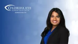 Florida Eye Specialists doctor Joanne Francis set against a blue gradient and shimmering white background