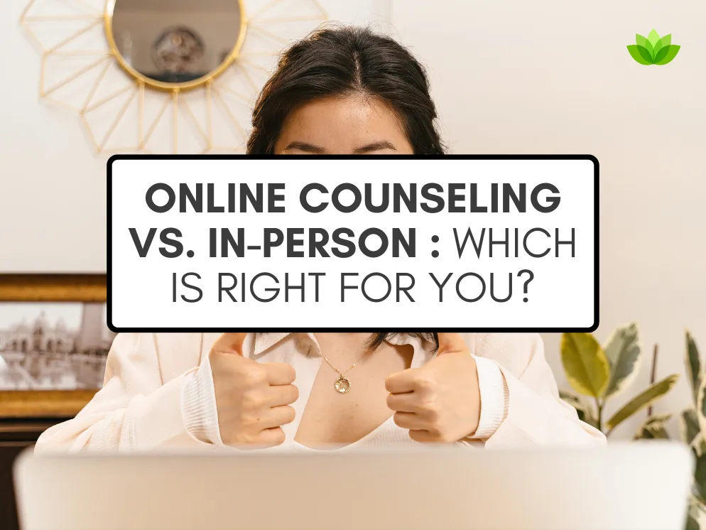 Virtual Counseling vs. In-Person Counseling: Which is Right for You? 7 A photo of a woman smiling and giving a double thumbs up to her laptop screen, under a text blog that reads: "Online Counseling vs. In-Person Which is Right for You?"