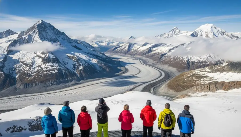 A breathtaking alpine landscape at Jungfraujoch, the Top of Europe, showcasing a panoramic view of snow-capped peaks under a bright azure sky. In the foreground, a group of tourists dressed in colorful, modest outdoor clothing are gazing at the stunning scenery, conveying a sense of wonder and exploration. The middle ground features the iconic Aletsch Glacier, glistening under the warm sunlight, while various rugged mountains rise majestically in the background, their peaks piercing the clouds. Soft shadows accentuate the contours of the terrain, creating depth. The atmosphere is serene and invigorating, embodying the thrill of adventure in the Swiss Alps, with a wide-angle perspective that captures the expansive beauty of this remarkable region. A breathtaking alpine landscape at Jungfraujoch, the Top of Europe, showcasing a panoramic view of snow-capped peaks under a bright azure sky. In the foreground, a group of tourists dressed in colorful, modest outdoor clothing are gazing at the stunning scenery, conveying a sense of wonder and exploration. The middle ground features the iconic Aletsch Glacier, glistening under the warm sunlight, while various rugged mountains rise majestically in the background, their peaks piercing the clouds. Soft shadows accentuate the contours of the terrain, creating depth. The atmosphere is serene and invigorating, embodying the thrill of adventure in the Swiss Alps, with a wide-angle perspective that captures the expansive beauty of this remarkable region.