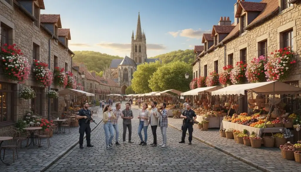 A picturesque view of a secure European destination, highlighting a charming cobblestone street lined with quaint cafes and historic buildings adorned with flower boxes. In the foreground, a group of travelers in modest casual clothing is enjoying the scenery, laughing and taking photos. The middle ground features a vibrant market filled with local artisans showcasing crafts and fresh produce, under a clear blue sky. The background showcases an iconic European landmark, such as a castle or cathedral, surrounded by lush greenery. Soft, warm lighting enhances the welcoming atmosphere, resembling a late afternoon glow. The lens captures the essence of travel and cultural richness, evoking a sense of safety and enjoyment in exploring these beautiful locations. A picturesque view of a secure European destination, highlighting a charming cobblestone street lined with quaint cafes and historic buildings adorned with flower boxes. In the foreground, a group of travelers in modest casual clothing is enjoying the scenery, laughing and taking photos. The middle ground features a vibrant market filled with local artisans showcasing crafts and fresh produce, under a clear blue sky. The background showcases an iconic European landmark, such as a castle or cathedral, surrounded by lush greenery. Soft, warm lighting enhances the welcoming atmosphere, resembling a late afternoon glow. The lens captures the essence of travel and cultural richness, evoking a sense of safety and enjoyment in exploring these beautiful locations.