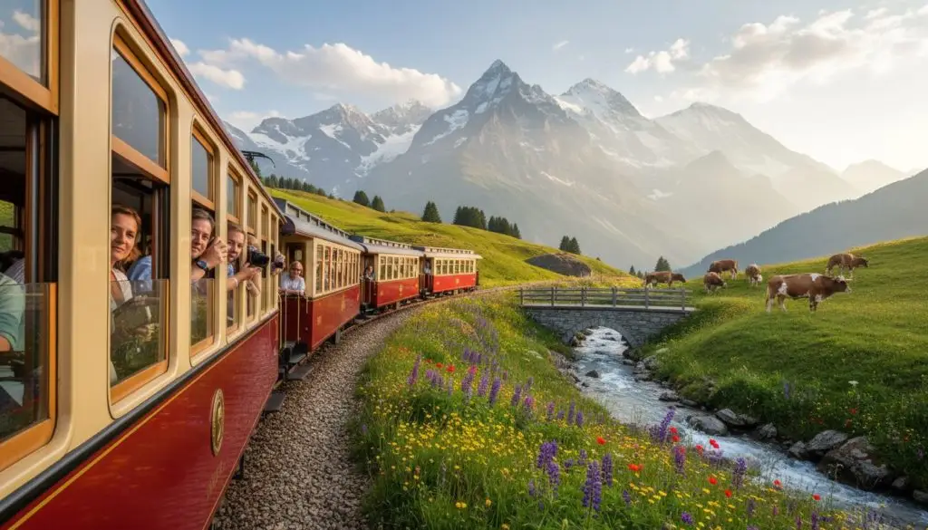 A scenic railway journey unfolds through the breathtaking Swiss Alps, showcasing panoramic views of majestic snow-capped peaks and lush green valleys. In the foreground, a vintage train with elegantly designed carriages winds along the tracks, with passengers enjoying their ride. In the middle ground, vibrant wildflowers bloom along the hillsides, while grazing cows dot the landscape, adding charm to the serene atmosphere. The background features towering mountains, partially shrouded in mist, under a clear blue sky scattered with fluffy white clouds. The scene is illuminated by warm, golden sunlight, evoking a sense of tranquility and adventure. Capture this idyllic moment with a wide-angle lens to emphasize the vastness of the landscape and create a stunning visual experience. A scenic railway journey unfolds through the breathtaking Swiss Alps, showcasing panoramic views of majestic snow-capped peaks and lush green valleys. In the foreground, a vintage train with elegantly designed carriages winds along the tracks, with passengers enjoying their ride. In the middle ground, vibrant wildflowers bloom along the hillsides, while grazing cows dot the landscape, adding charm to the serene atmosphere. The background features towering mountains, partially shrouded in mist, under a clear blue sky scattered with fluffy white clouds. The scene is illuminated by warm, golden sunlight, evoking a sense of tranquility and adventure. Capture this idyllic moment with a wide-angle lens to emphasize the vastness of the landscape and create a stunning visual experience.