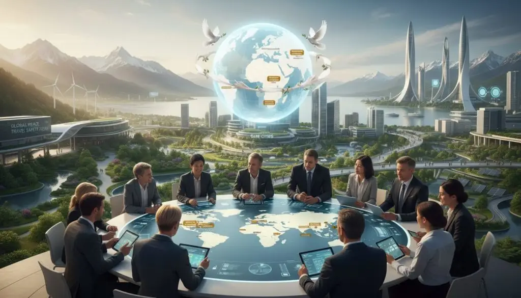 A serene landscape illustrating the concept of global peace and travel safety in 2026. In the foreground, a diverse group of travelers in professional attire, engaged in discussions, examining a world map with highlighted safe destinations. The middle ground features a stylized globe surrounded by symbols of peace, like doves and olive branches, blending into vibrant greenery and urban architecture representing safe cities. In the background, stunning natural vistas merge with modern skylines, showcasing harmony between nature and civilization. Soft, warm lighting enhances the atmosphere, creating a sense of optimism and connectivity. The perspective is slightly elevated, capturing the essence of unity and hope for safe global travel. A serene landscape illustrating the concept of global peace and travel safety in 2026. In the foreground, a diverse group of travelers in professional attire, engaged in discussions, examining a world map with highlighted safe destinations. The middle ground features a stylized globe surrounded by symbols of peace, like doves and olive branches, blending into vibrant greenery and urban architecture representing safe cities. In the background, stunning natural vistas merge with modern skylines, showcasing harmony between nature and civilization. Soft, warm lighting enhances the atmosphere, creating a sense of optimism and connectivity. The perspective is slightly elevated, capturing the essence of unity and hope for safe global travel.