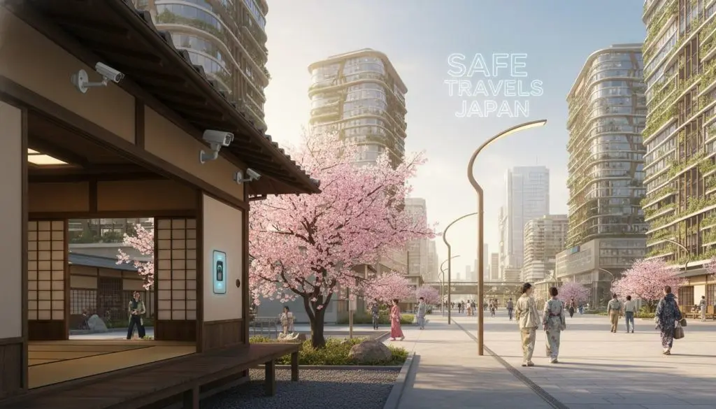 A serene scene depicting the harmonious blend of traditional Japan and modern safety. In the foreground, a tranquil traditional Japanese tea house, complete with tatami mats and sliding shoji doors, seamlessly merges with sleek modern safety features like a smart, unobtrusive surveillance system elegantly integrated into the architecture. In the middle ground, a vibrant cherry blossom tree in full bloom contrasts with modern street lights that provide safe illumination. The background features a bustling cityscape with futuristic buildings showcasing eco-friendly designs, all under soft, warm lighting of the late afternoon sun. The atmosphere is calm and inviting, evoking a sense of security and cultural richness, perfect for visitors exploring Japan in a future of safe travel. A serene scene depicting the harmonious blend of traditional Japan and modern safety. In the foreground, a tranquil traditional Japanese tea house, complete with tatami mats and sliding shoji doors, seamlessly merges with sleek modern safety features like a smart, unobtrusive surveillance system elegantly integrated into the architecture. In the middle ground, a vibrant cherry blossom tree in full bloom contrasts with modern street lights that provide safe illumination. The background features a bustling cityscape with futuristic buildings showcasing eco-friendly designs, all under soft, warm lighting of the late afternoon sun. The atmosphere is calm and inviting, evoking a sense of security and cultural richness, perfect for visitors exploring Japan in a future of safe travel.