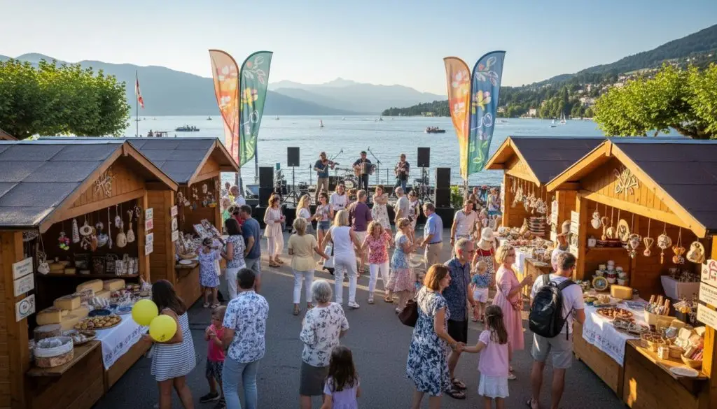 A vibrant summer scene in Montreux, Switzerland, showcasing lively cultural festivals and summer events. In the foreground, families and friends gather at outdoor stalls featuring local artisans, enjoying Swiss delicacies and handcrafted souvenirs. The middle ground shows musicians performing in an open-air concert, with diverse crowds dancing and clapping, set against a backdrop of colorful decorations and festival banners. The iconic Lake Geneva sparkles under a clear blue sky, while the sun casts a warm golden light on lush green mountains in the distance. Capture the joyous atmosphere and sense of community, with people dressed in casual, colorful summer attire, creating a cheerful and inviting scene. Use a wide-angle lens to include the sprawling view of the event and ensure bright, natural lighting to highlight the festive mood. A vibrant summer scene in Montreux, Switzerland, showcasing lively cultural festivals and summer events. In the foreground, families and friends gather at outdoor stalls featuring local artisans, enjoying Swiss delicacies and handcrafted souvenirs. The middle ground shows musicians performing in an open-air concert, with diverse crowds dancing and clapping, set against a backdrop of colorful decorations and festival banners. The iconic Lake Geneva sparkles under a clear blue sky, while the sun casts a warm golden light on lush green mountains in the distance. Capture the joyous atmosphere and sense of community, with people dressed in casual, colorful summer attire, creating a cheerful and inviting scene. Use a wide-angle lens to include the sprawling view of the event and ensure bright, natural lighting to highlight the festive mood.