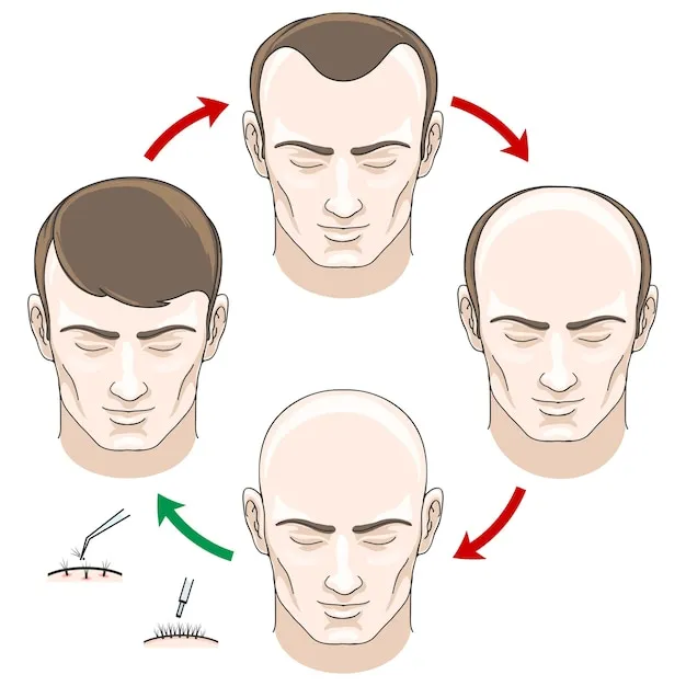 Does Testosterone Cause Hair Loss? Stages of hair loss, hair treatment and hair transplantation. Hair loss, bald and care, health hair, human hair growth, vector illustration