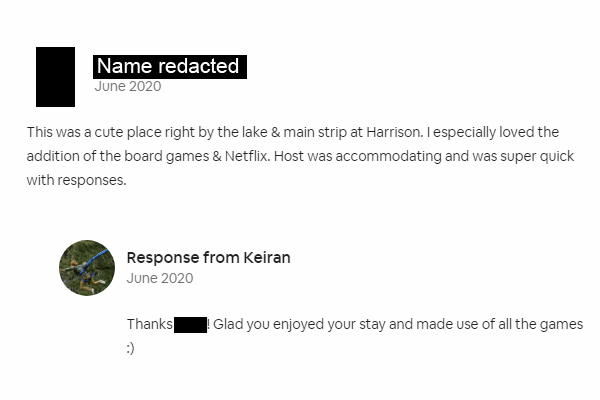 A guest review and host response from June 2020 highlights vacation rental board games, Netflix, and a quick host reply at a lakefront location in Harrison. Names are redacted for privacy.