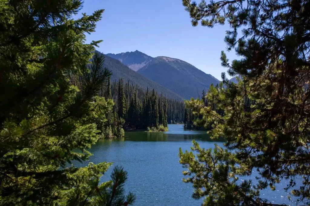 A lake surrounded by dense evergreen trees with a mountain in the background under a clear blue sky—one of the top things to do in Sunshine Valley.
